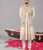 ivory georgette embroidered anarkali jacket set for mens