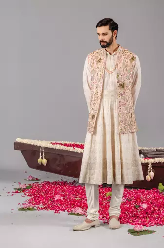 Ivory georgette embroidered anarkali jacket set for mens