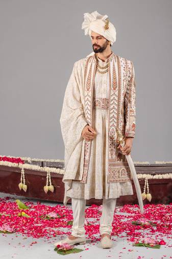 Ivory georgette embroidered sherwani set for mens
