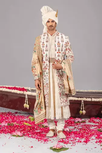Ivory georgette embroidered sherwani set for mens