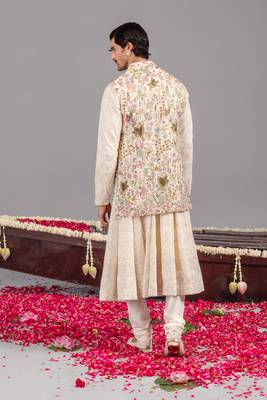 Ivory georgette embroidered anarkali jacket set for mens 3