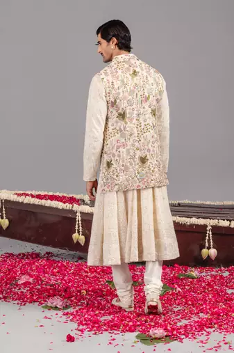 Ivory georgette embroidered anarkali jacket set for mens