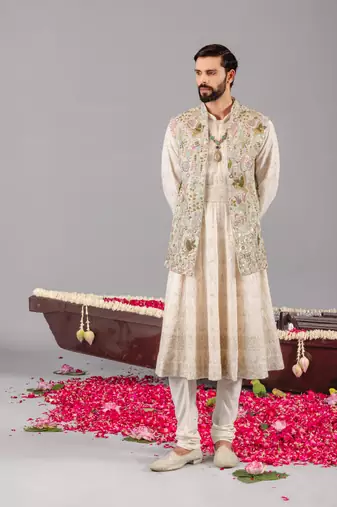 ivory georgette embroidered anarkali jacket set for mens
