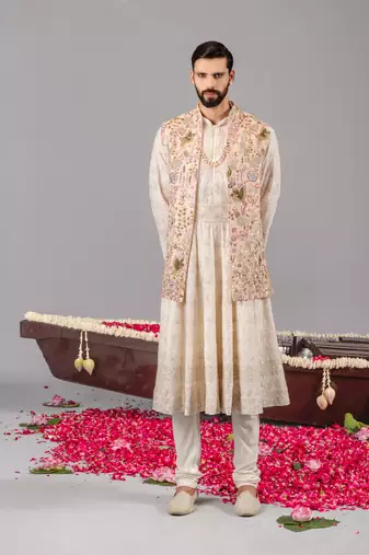 Ivory georgette embroidered anarkali jacket set for mens