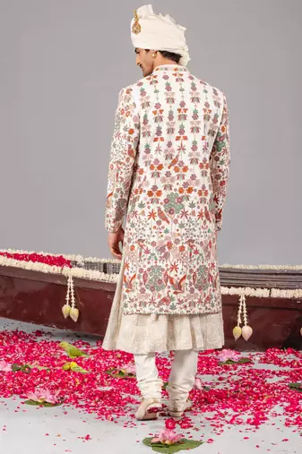 Ivory georgette embroidered sherwani set for mens