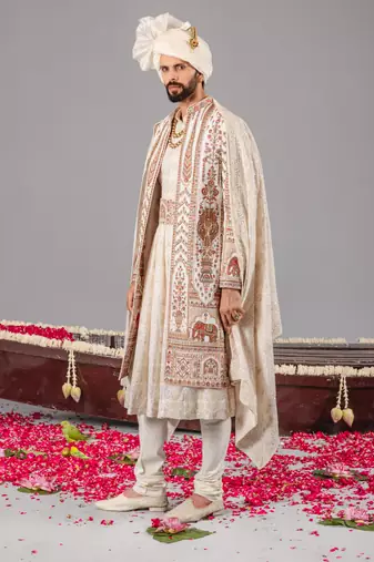 Ivory georgette embroidered sherwani set for mens