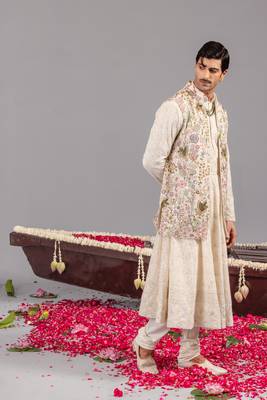 Ivory georgette embroidered anarkali jacket set for mens 4