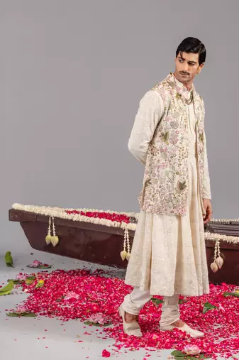 Ivory georgette embroidered anarkali jacket set for mens