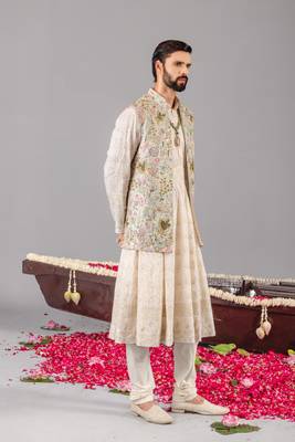 ivory georgette embroidered anarkali jacket set for mens 3