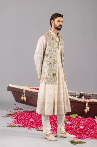 ivory georgette embroidered anarkali jacket set for mens