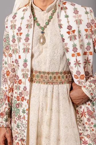 Ivory georgette embroidered sherwani set for mens