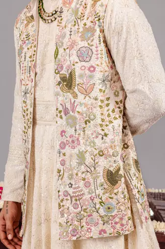 Ivory georgette embroidered anarkali jacket set for mens