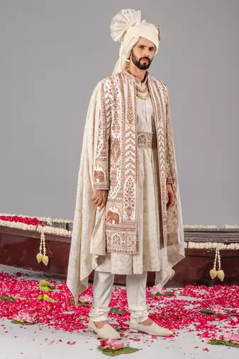 Ivory georgette embroidered sherwani set for mens
