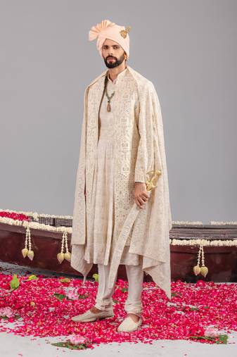Ivory georgette embroidered sherwani set for mens