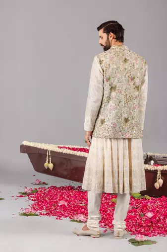 ivory georgette embroidered anarkali jacket set for mens