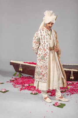 Ivory georgette embroidered sherwani set for mens 4