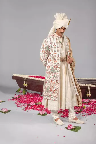 Ivory georgette embroidered sherwani set for mens