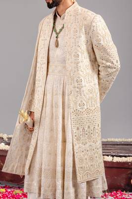 Ivory georgette embroidered sherwani set for mens 2