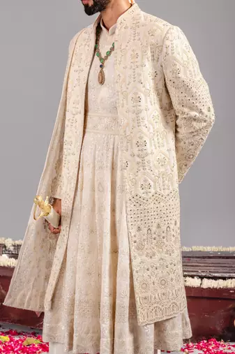 Ivory georgette embroidered sherwani set for mens
