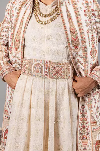 Ivory georgette embroidered sherwani set for mens