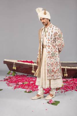Ivory georgette embroidered sherwani set for mens 5