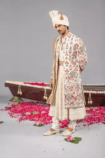 Ivory georgette embroidered sherwani set for mens