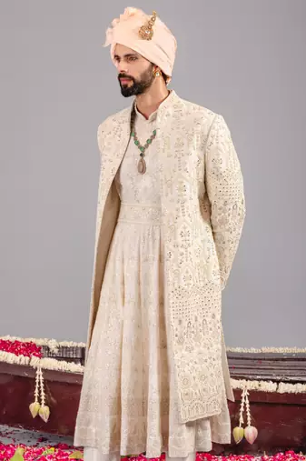 Ivory georgette embroidered sherwani set for mens
