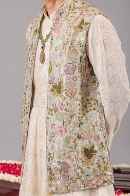 ivory georgette embroidered anarkali jacket set for mens 5