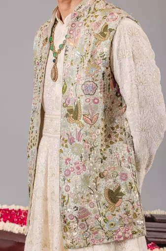 ivory georgette embroidered anarkali jacket set for mens