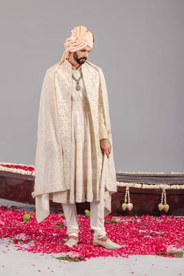 Ivory georgette embroidered sherwani set for mens 4