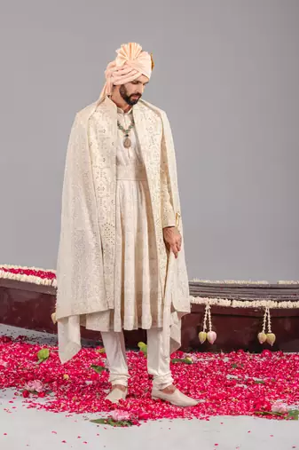 Ivory georgette embroidered sherwani set for mens