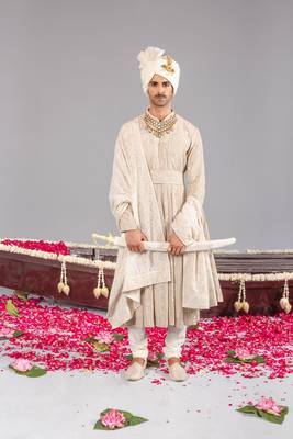 Beige georgette embroidered sherwani set for mens 1