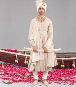 Beige georgette embroidered sherwani set for mens