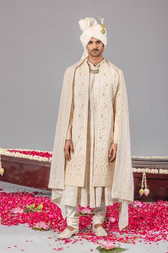Ivory georgette embroidered sherwani set for mens