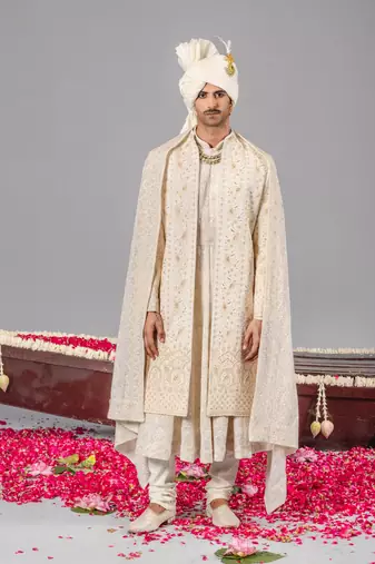 Ivory georgette embroidered sherwani set for mens