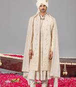 Ivory georgette embroidered sherwani set for mens