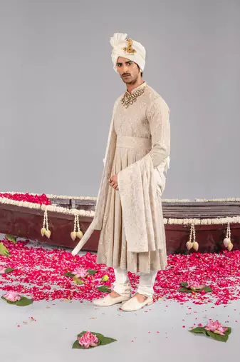 Beige georgette embroidered sherwani set for mens