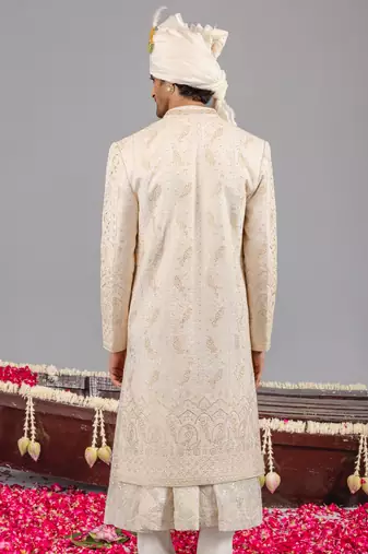 Ivory georgette embroidered sherwani set for mens