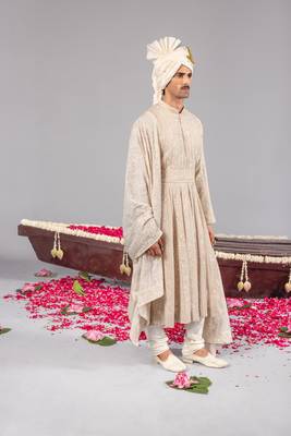 Beige georgette embroidered sherwani set for mens 3