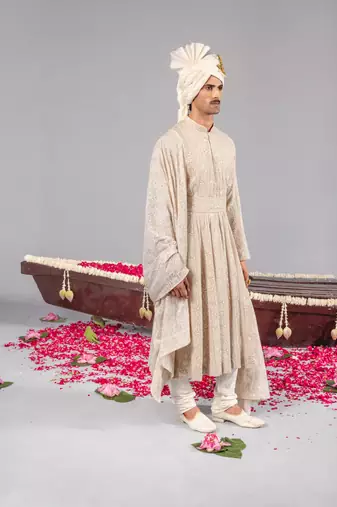 Beige georgette embroidered sherwani set for mens