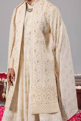 Ivory georgette embroidered sherwani set for mens 3