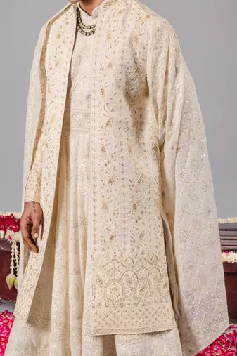 Ivory georgette embroidered sherwani set for mens