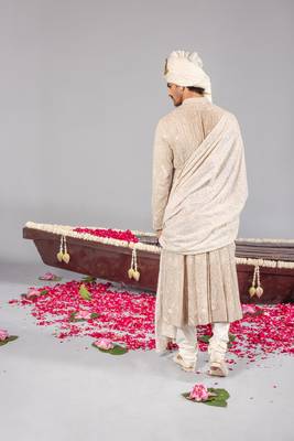 Beige georgette embroidered sherwani set for mens 4
