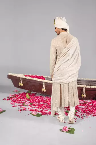 Beige georgette embroidered sherwani set for mens