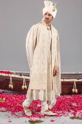 Ivory georgette embroidered sherwani set for mens 4