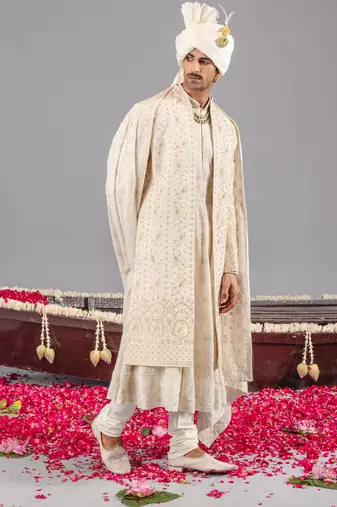 Ivory georgette embroidered sherwani set for mens