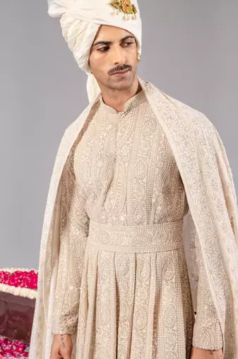 Beige georgette embroidered sherwani set for mens