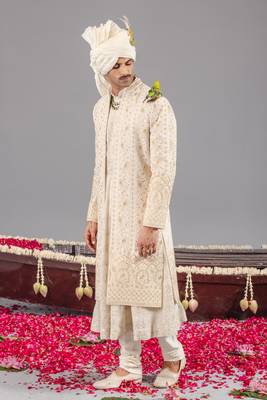 Ivory georgette embroidered sherwani set for mens 5