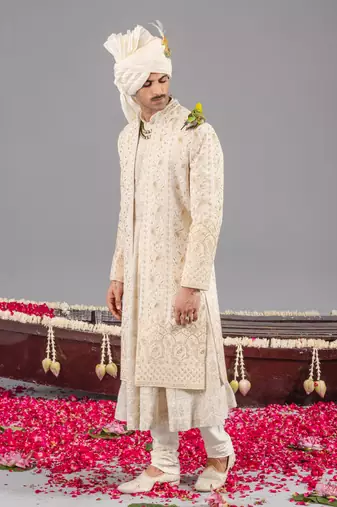 Ivory georgette embroidered sherwani set for mens