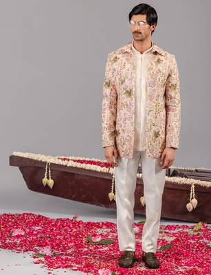 Beige georgette embroidered jodhpuri set for mens 1